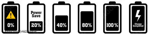 Battery level icon set. Charge status symbol with percent and charging sign. Power level indicator for app or UI. vector illustration