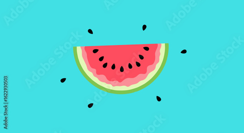 Watermelon slice on vibrant blue background with seeds visible  
