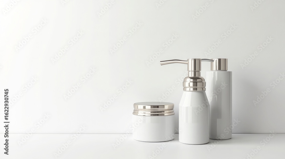 Obraz premium White bottles and jar with silver accents dispenser