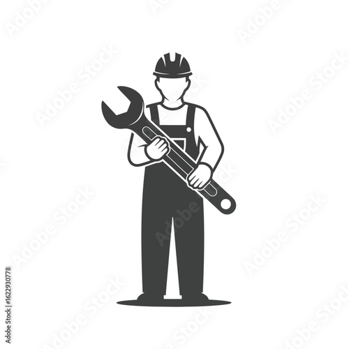 Vector illustration of 3d illustration of worker holding a large wrench isolated on white background