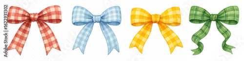 Set of four colorful watercolor bows with plaid patterns in red, blue, yellow, and green colors, isolated on white background. Vector illustration.