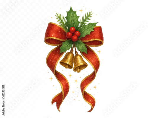 Watercolor Christmas arrangement with gold bells, red ribbon, holly leaves, pine branches, and berries, classic festive ornament. Vector illustration.