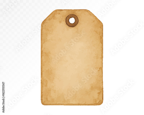 Rustic watercolor beige paper tag with hole, blank vintage-style label perfect for holiday packaging, handmade crafts, scrapbooking, and seasonal decoration projects. Vector illustration.