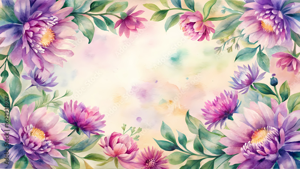 Obraz premium Hand-painted botanical aster frame in gentle watercolor style, featuring bright autumn flowers with lush green leaves on edges, center left empty for commercial use or text placement