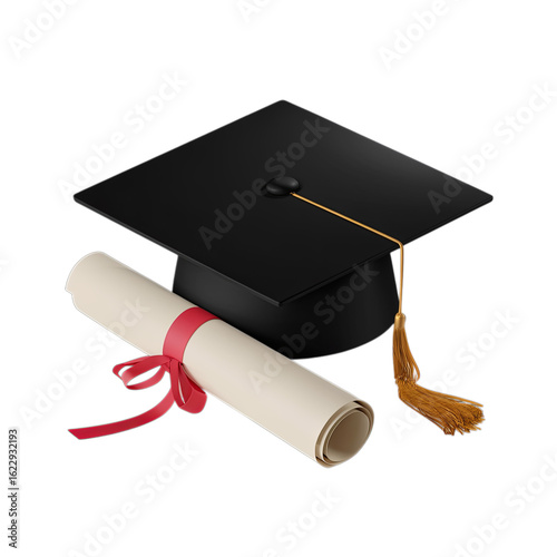 Graduation cap and diploma scroll for academic achievement.

