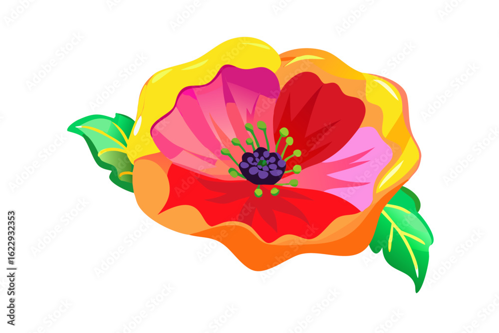 Naklejka premium Vibrant poppy flower with green leaves isolated on transparent background