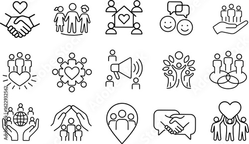 Community and Social Bond Stroke Icon Collection.