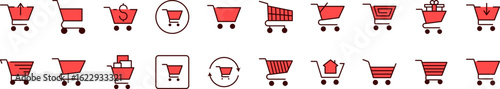 Pack of Filled Color Icons of Red Shopping Cart. Minimalistic Linear Pictogram for Web and Graphic Design, Apps, Banners, Social Network and Cards