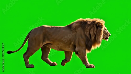 Majestic male lion walking on green screen background majestic king of the jungle powerful predator with, lion, male lion, king of the jungle, big cat, wild animal, wildlife, savanna, africa, predator