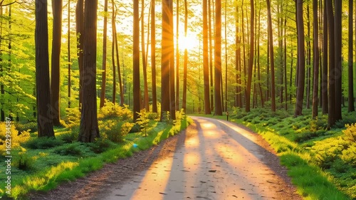 Radiant golden hour sunbeams illuminating a quiet forest path, nature's glowtime, peaceful and inspiring landscape