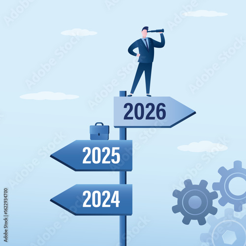 Smart businessman looking for success way using telescope. Business decision making 2026, new career path, work direction or leadership to choose right way to success new 2026 year