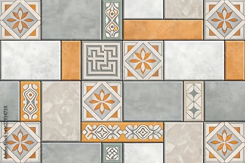 Colorful geometric patterned tiles with mixed textures and colors