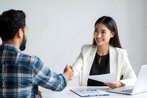 Business meeting handshake: successful job interview with asian woman in white blazer suit