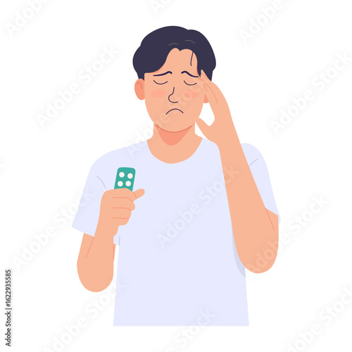 Vector illustration of a man taking pills. Headache, migraine, dizziness, vertigo. Isolated on white background.
