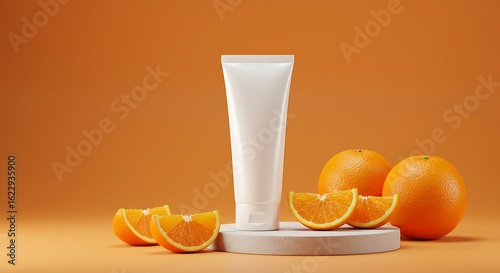 White unlabeled cosmetic tube and oranges citrus fruit on concrete podium. Natural vitamin c skin care product on orange background