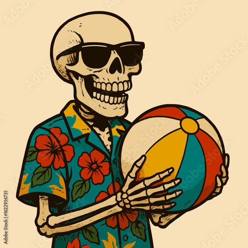 A cartoon skeleton in a Hawaiian shirt and sunglasses holds a beach ball, exuding a funky summer vibe against a plain background.