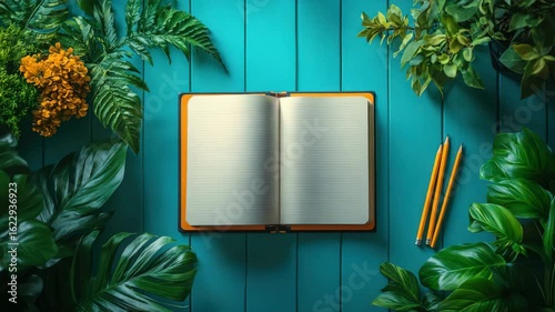 Creative Workspace with Notebook, Pencils, and Plants on Blue Wooden Background, Perfect For study