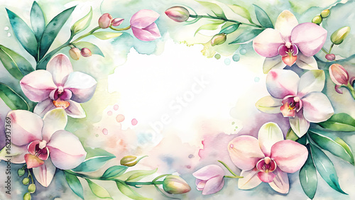 Refined watercolor frame with graceful orchids in soft pink and white hues, lush green leaves along vertical sides, blank center ideal for luxury invitations, branding, or packaging design