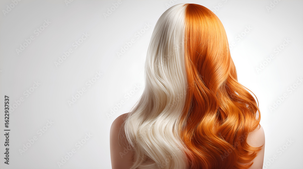 Naklejka premium Dichromatic Hair: An artistic rear view of a woman featuring split-toned hair, with one half a radiant orange and the other a sleek blonde, elegantly flowing.