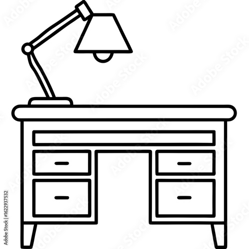 Desk with Drawer and Lamp  Vector Outline Design