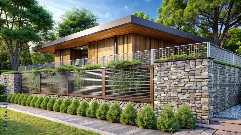 Fototapeta premium Modern Wooden Home with Stone Retaining Wall and Lush Landscaping Featuring a Metal Fence and Walkway