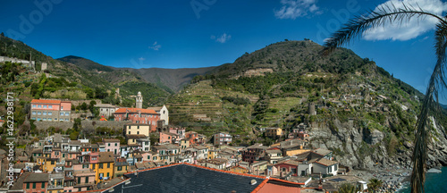 panorama of Vernazza situated in a bay among terraced vineyards with brightly...