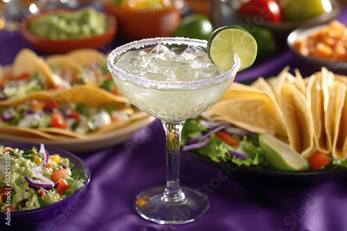 Refreshing margarita cocktail with delicious tacos and guacamole