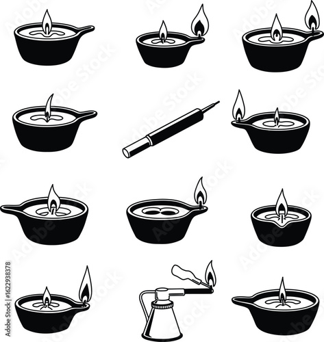 A comprehensive vector illustration of a variety of historical and modern fire sources, showcasing oil lamps, a soldering iron, and a blowtorch silhouette.