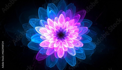 Abstract glowing flower with neon blue and pink light, futuristic cyberpunk style