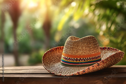 Woven cowboy hat resting on a wooden surface with soft bokeh background