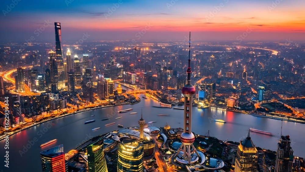 Naklejka premium Explore shanghai china skyline aerial view at dusk cityscape oriental pearl tower travel destination