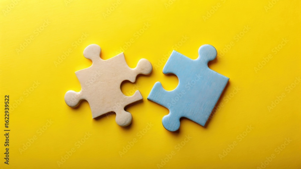 Fototapeta premium Two Interlocking Puzzle Pieces on a Vibrant Yellow Background Representing Unity and Connection