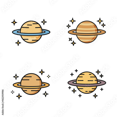 Four Cute Cartoon Planets with Rings and Sparkling Stars Around Them