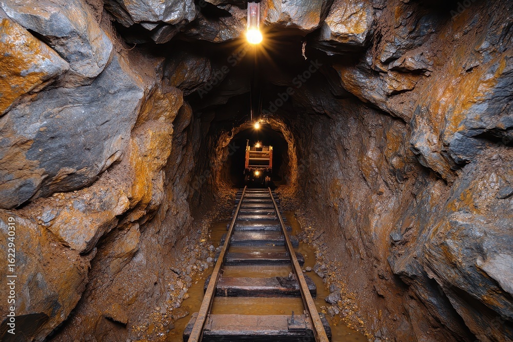 Naklejka premium Dark Mine Tunnel with Wooden Tracks and Cart under Illuminated Lights