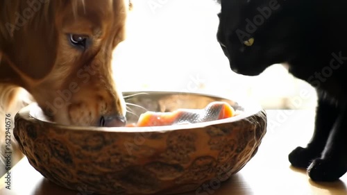 Golden retriever and black cat eating from a bowl