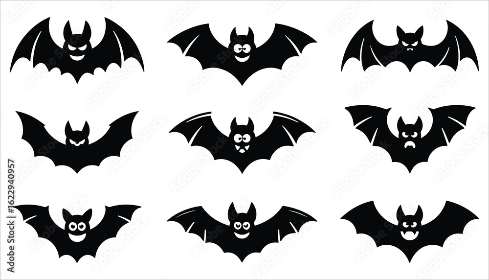 Naklejka premium Funny and Scary Bat Silhouette Icon Set for Halloween Vector Illustration
