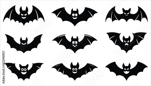 Funny and Scary Bat Silhouette Icon Set for Halloween Vector Illustration