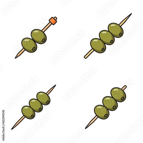 Four skewers of green olives isolated on a white background illustration