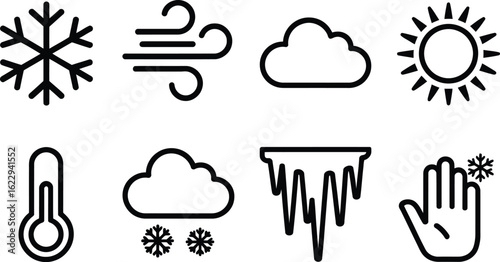 Climate Icons Showing Snowflake, Wind, Cloud, Sun, Thermometer, Icicles on White