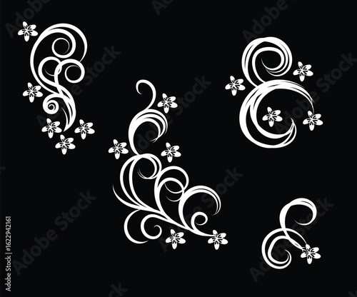 Abstract floral vector pattern with black ornate swirl and leaf elements for a spring card design