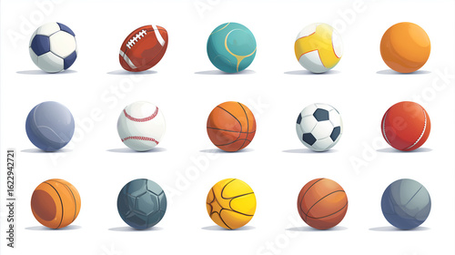 Diverse Sporting Sphere Collection: A vivid display of diverse sports balls, each with unique designs and colors, ready for action and competition. Capturing the spirit of sports and recreation.