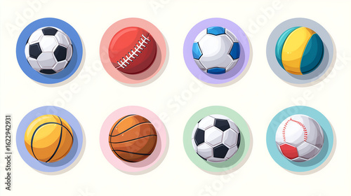 Sports balls in various colors : A collection of various sports balls, representing different games and activities, designed with vibrant colors and a clean aesthetic.