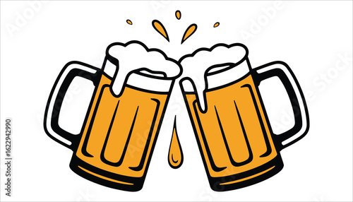 Clinking Beer Mugs Vector Illustration with Foam Splash Isolated on White Background