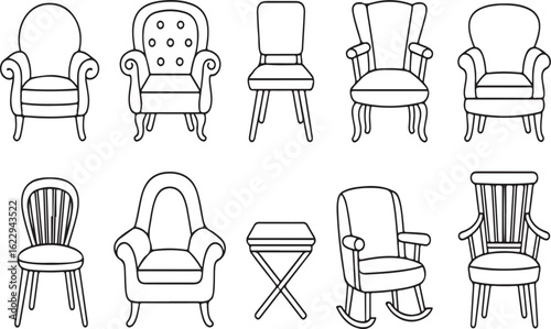 Various upholstered and wooden chairs with a small table armchair wingback chair
