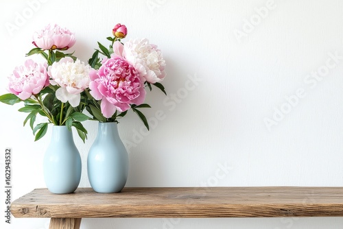 Wallpaper Mural Minimalist wooden table with pastel peony vases on white wall background, simple elegant floral arrangement in bright studio light Torontodigital.ca