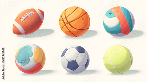Sports Balls Array: A vibrant assortment of diverse sports balls, meticulously presented in a digitally crafted array, each embodying the unique essence of its respective game.