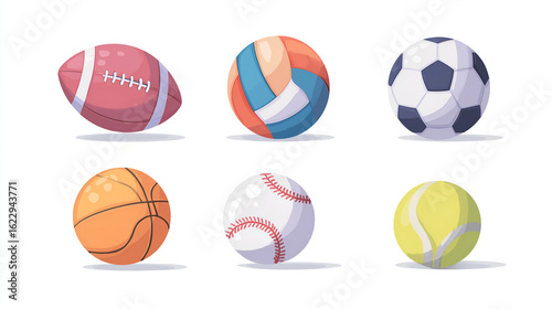 Variety of sports balls: Six different types of sports balls on display, including a football, a volleyball, a soccer ball, a basketball, a baseball, and a tennis ball.
