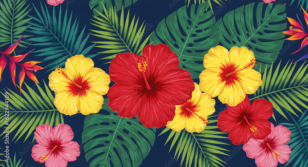 Naklejka premium Vibrant Seamless Pattern with Tropical Flowers and Palm Leaves