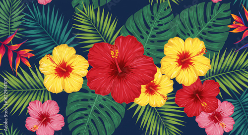 Vibrant Seamless Pattern with Tropical Flowers and Palm Leaves