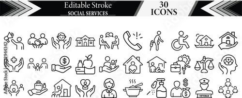 Social Services & Support line icon set. Social Worker, Food Bank, Foster Care, Homeless Shelter, Crisis Hotline, Job Training, Legal Aid, Home Care. editable Vector collection